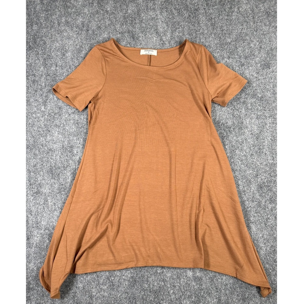 Zenana Women Small Brown Short Sleeve Sharkbite Hem Tunic Top NEW